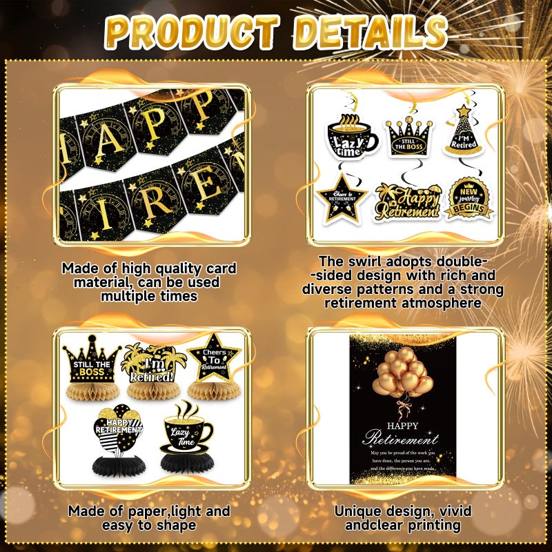 Bolake Happy Retirement Party Decorations for Men Women Black and Gold Retirement Party Decorations Happy Retirement Banner Backdrop Card Retirement Sash Hanging Swirls Foil Balloons Honeycomb Centerpieces - Image 5